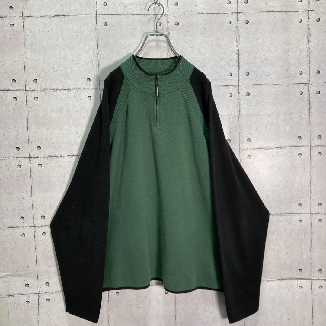 【レアカラー】90s ハーフジップ ニットソー グリーン×ブラック XL メンズのトップス(Tシャツ/カットソー(七分/長袖))の商品写真