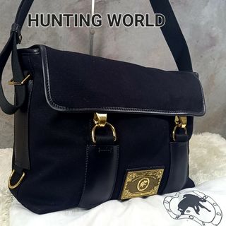 ハンティングワールド(HUNTING WORLD)の【未使用級⭐】ハンティングワールド　 ショルダーバッグ　レザー　黒　ゴールド(ショルダーバッグ)