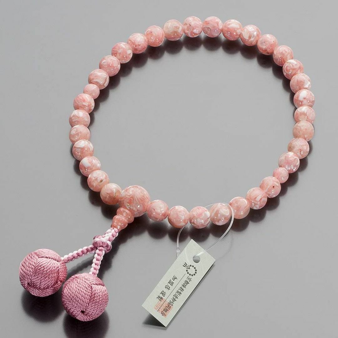 女性用　数珠　ピンクシェル（8mm玉）　正絹小田巻梵天房　数珠袋付 レディースのアクセサリー(その他)の商品写真