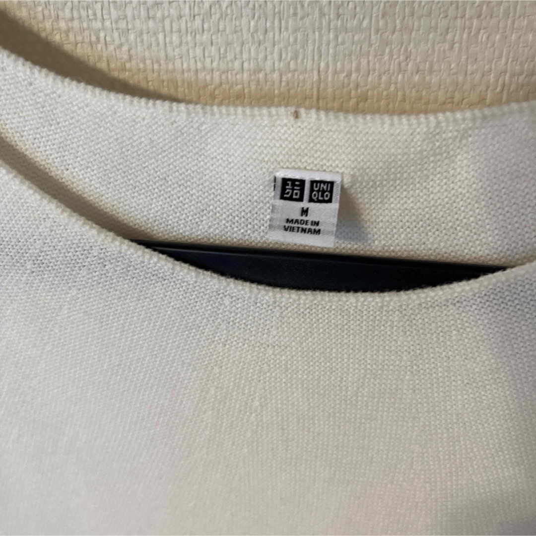 UNIQLO(ユニクロ)のUNIQLO  白　M   3Dコットンクルーネックセーター（5分袖） レディースのトップス(ニット/セーター)の商品写真