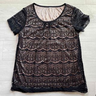 ニッセン(ニッセン)のニッセン　M 古着　花柄レース　ブラック　ゴールド半袖シャツ　ナイロン100%(Tシャツ(半袖/袖なし))