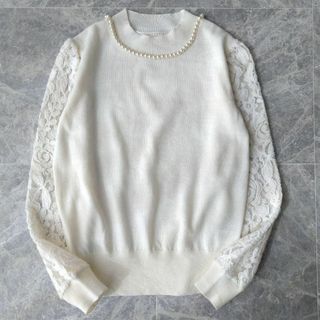 プロポーションボディドレッシング(PROPORTION BODY DRESSING)の097＊プロポーション☆パール レース ニット セーター トップス＊ホワイト(ニット/セーター)