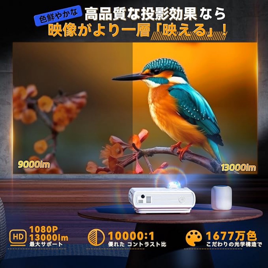 【高性能‼︎】小型プロジェクター ホームシアター 1080PフルHD 4K対応 スマホ/家電/カメラのテレビ/映像機器(プロジェクター)の商品写真