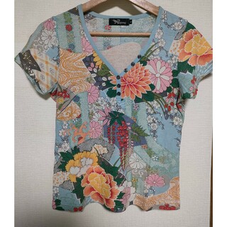 Pagong レディースLサイズ半袖シャツ　水色地花模様(Tシャツ(半袖/袖なし))