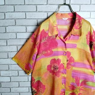 VINTAGE - アロハシャツ☆柄シャツ　半袖　コットン　開襟　花　大柄　総柄　オレンジ　赤　黄