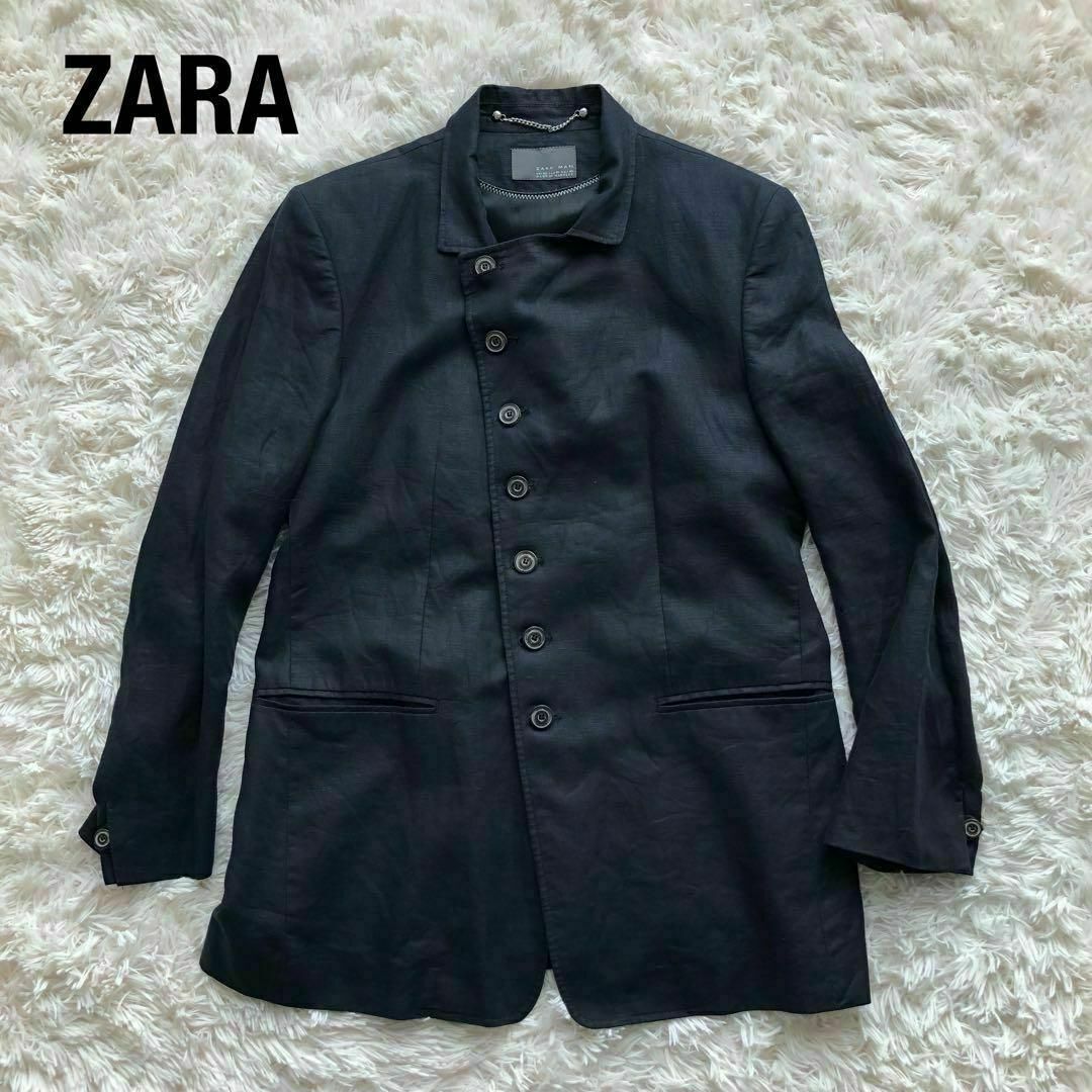 ZARA(ザラ)のZARAザラ　リネン素材ナポレオンジャケット　濃紺ネイビー50 メンズのジャケット/アウター(テーラードジャケット)の商品写真