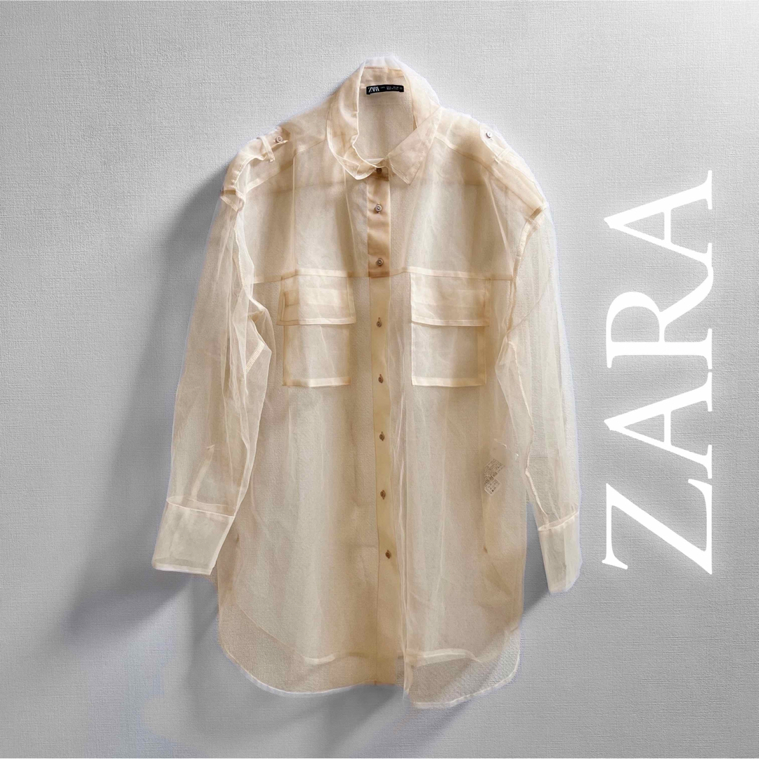 ZARA(ザラ)のZARA ザラ チュール 長袖 シアーシャツ オレンジベージュ L レディースのトップス(シャツ/ブラウス(長袖/七分))の商品写真