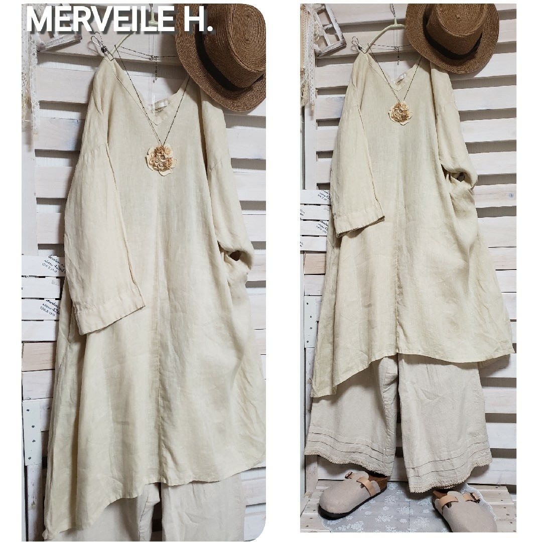 MERVEILE H./リネン100% 後ろ長めふんわりワンピース sizeＦ レディースのワンピース(ひざ丈ワンピース)の商品写真