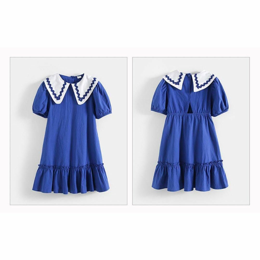 X0190 キッズワンピース　ロングワンピース　シンプル　ひざ丈ワンピース　青 キッズ/ベビー/マタニティのキッズ服女の子用(90cm~)(ワンピース)の商品写真