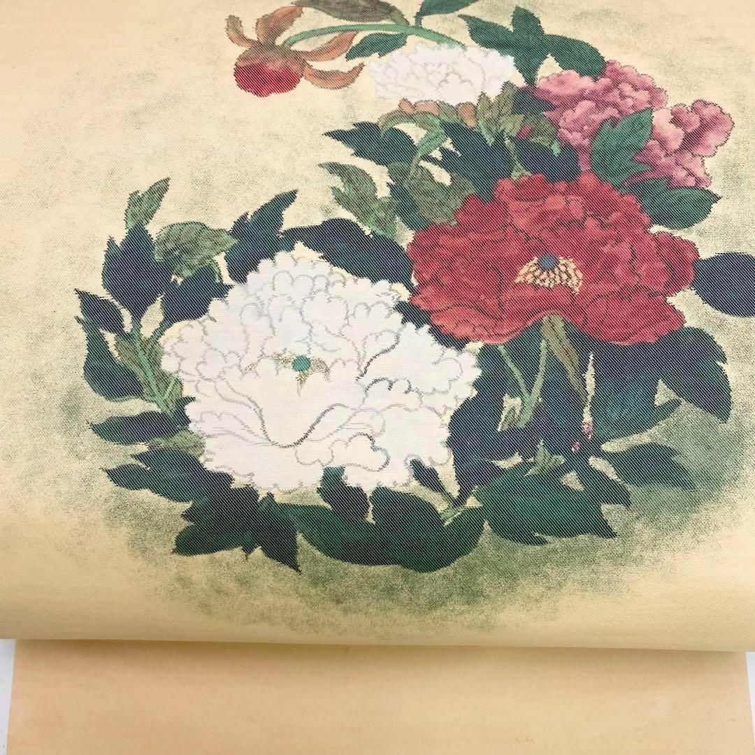名古屋帯 紅白の美しい牡丹の花模様 薄卵色 着物 RO-5361 レディースの水着/浴衣(着物)の商品写真