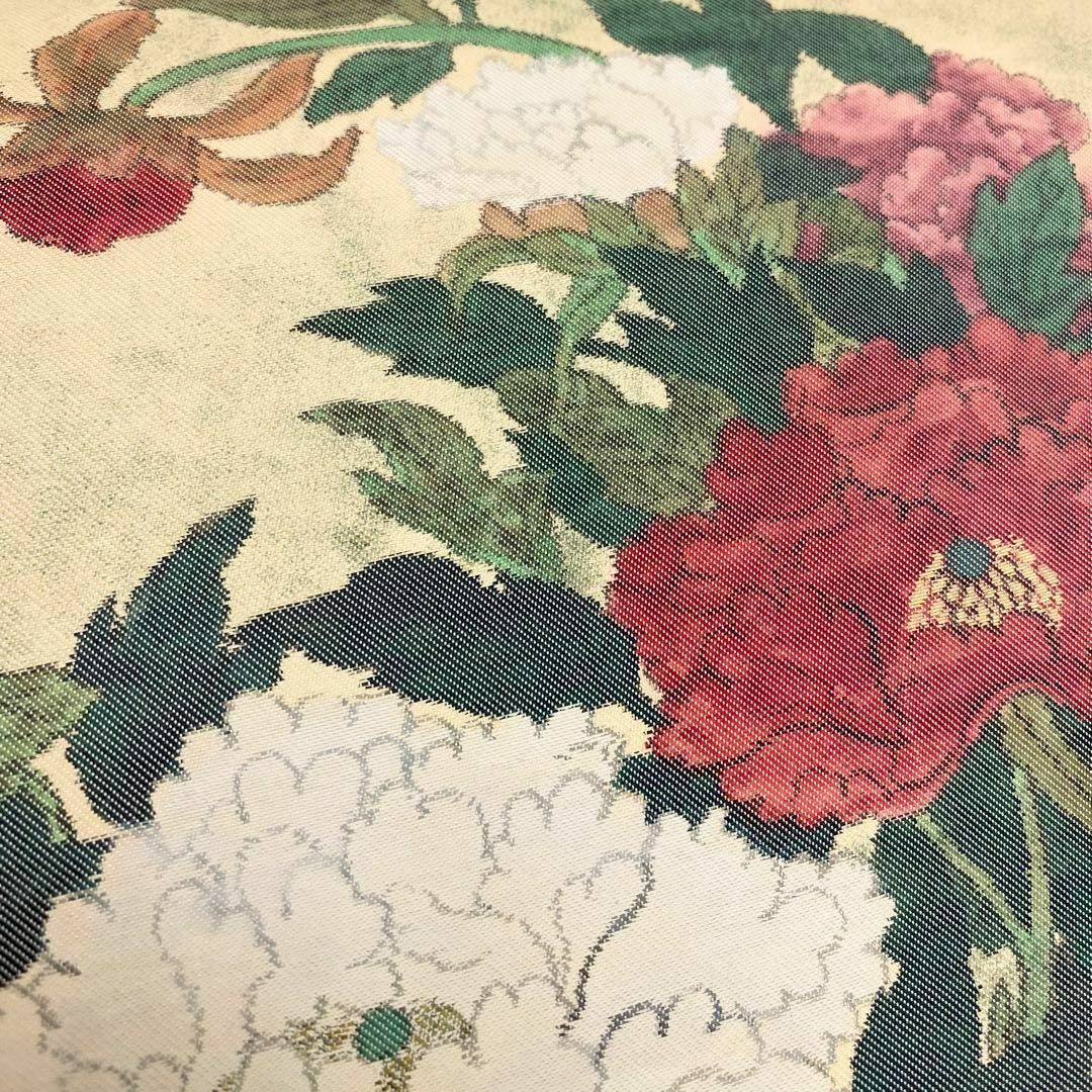 名古屋帯 紅白の美しい牡丹の花模様 薄卵色 着物 RO-5361 レディースの水着/浴衣(着物)の商品写真