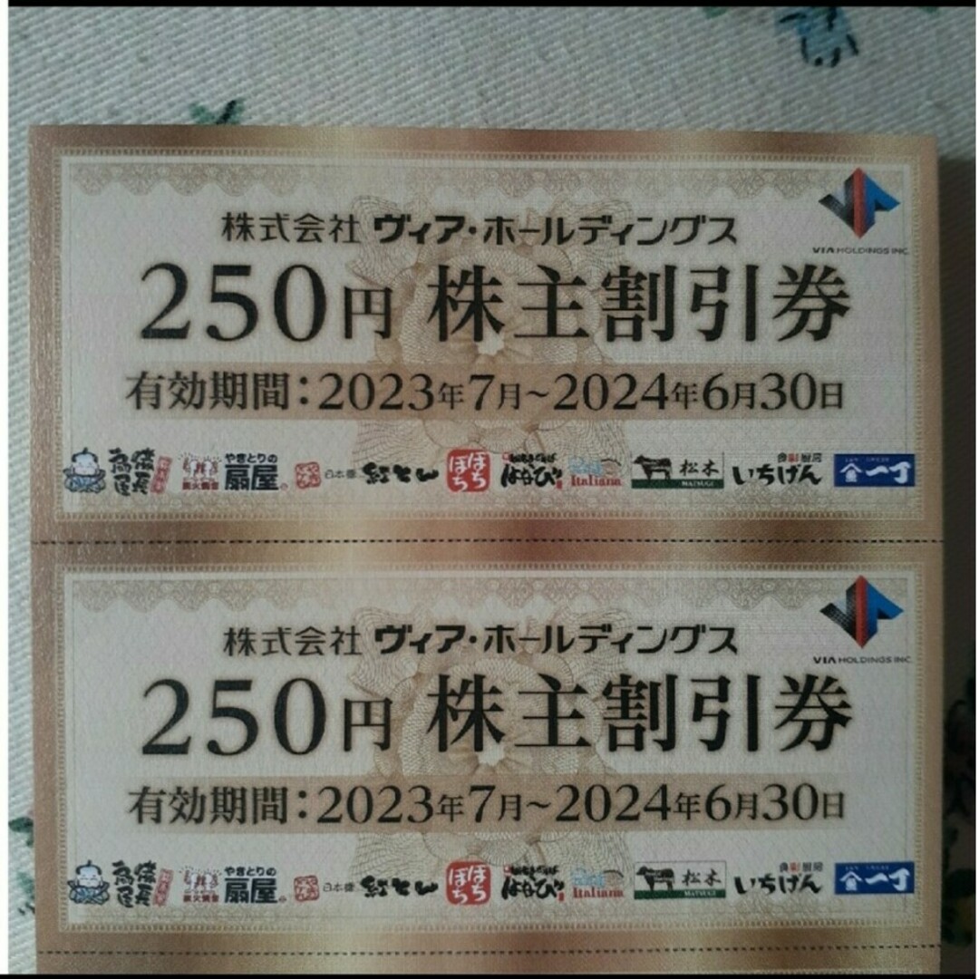 ヴィアホールディングス株主割引券（250円×2枚） チケットの優待券/割引券(レストラン/食事券)の商品写真