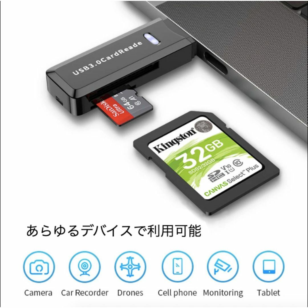 USB3.0 カードリーダー 高速転送 microSD SDカード SDXC 白 スマホ/家電/カメラのスマホアクセサリー(その他)の商品写真