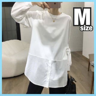 白 Tシャツ ブラウス 異素材 切替 シャツ オーバーサイズ チュニック M (シャツ/ブラウス(長袖/七分))