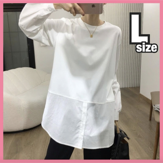 白 Tシャツ ブラウス 異素材 切替 シャツ オーバーサイズ チュニック L(シャツ/ブラウス(長袖/七分))