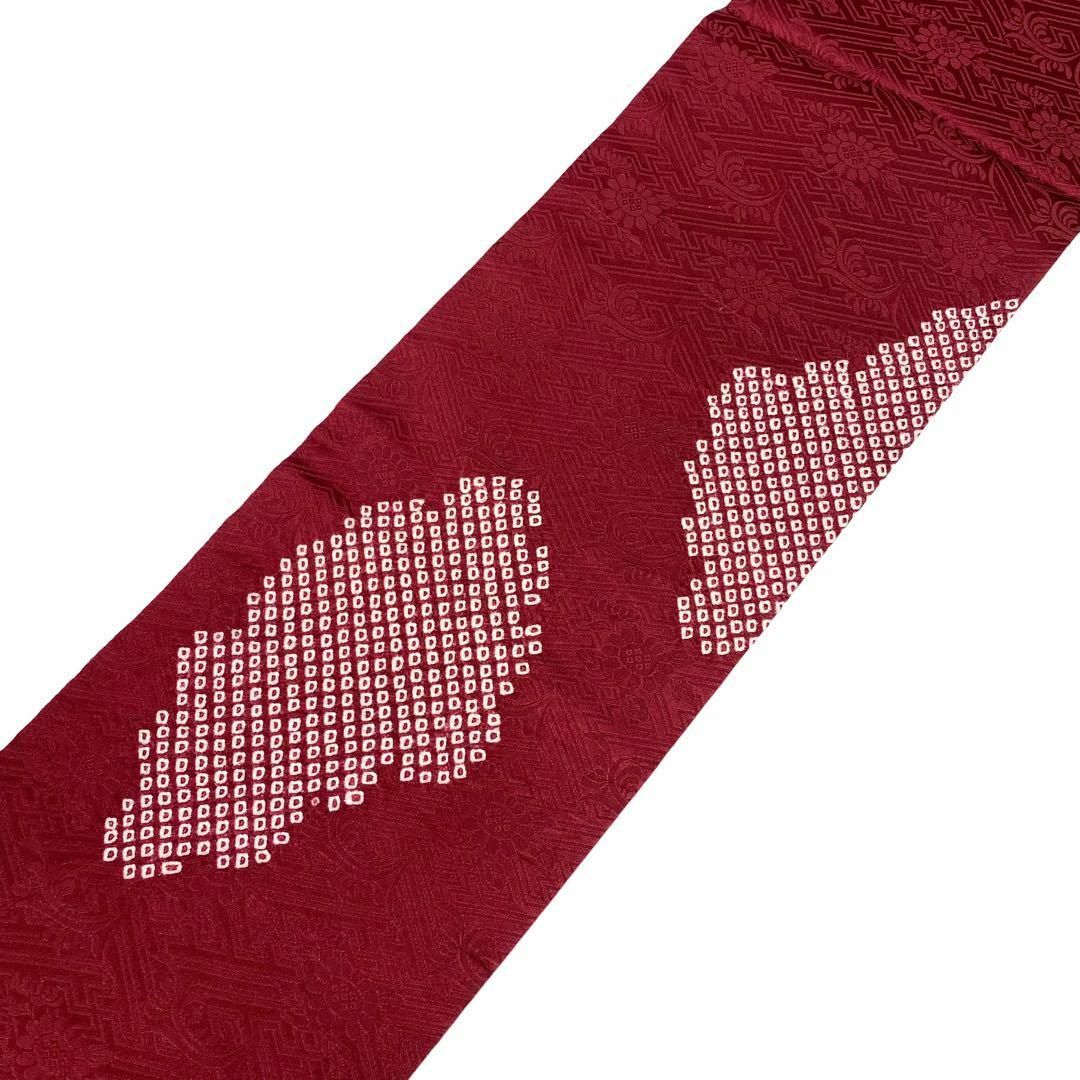 名古屋帯 雲模様 鹿子絞り 真紅色 赤色 幅広め 着物 ふくよか RO-5446 レディースの水着/浴衣(着物)の商品写真