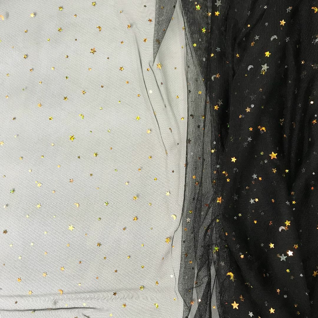 【色: ブラック】チュール 生地 ラメ入り キラキラ 星 月 スパンコール レー ハンドメイドの素材/材料(その他)の商品写真
