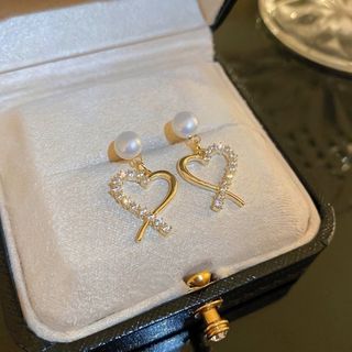 【S925】アクセサリー　ピアス　ゴールド　ハート　パール　ストーン　両耳(ピアス)