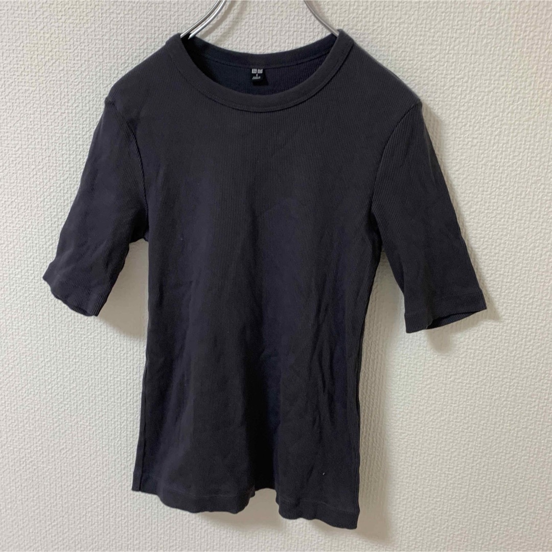 UNIQLO(ユニクロ)のUNIQLO ユニクロ レディース 半袖 tシャツ s リブニット トップス 黒 レディースのトップス(Tシャツ(半袖/袖なし))の商品写真