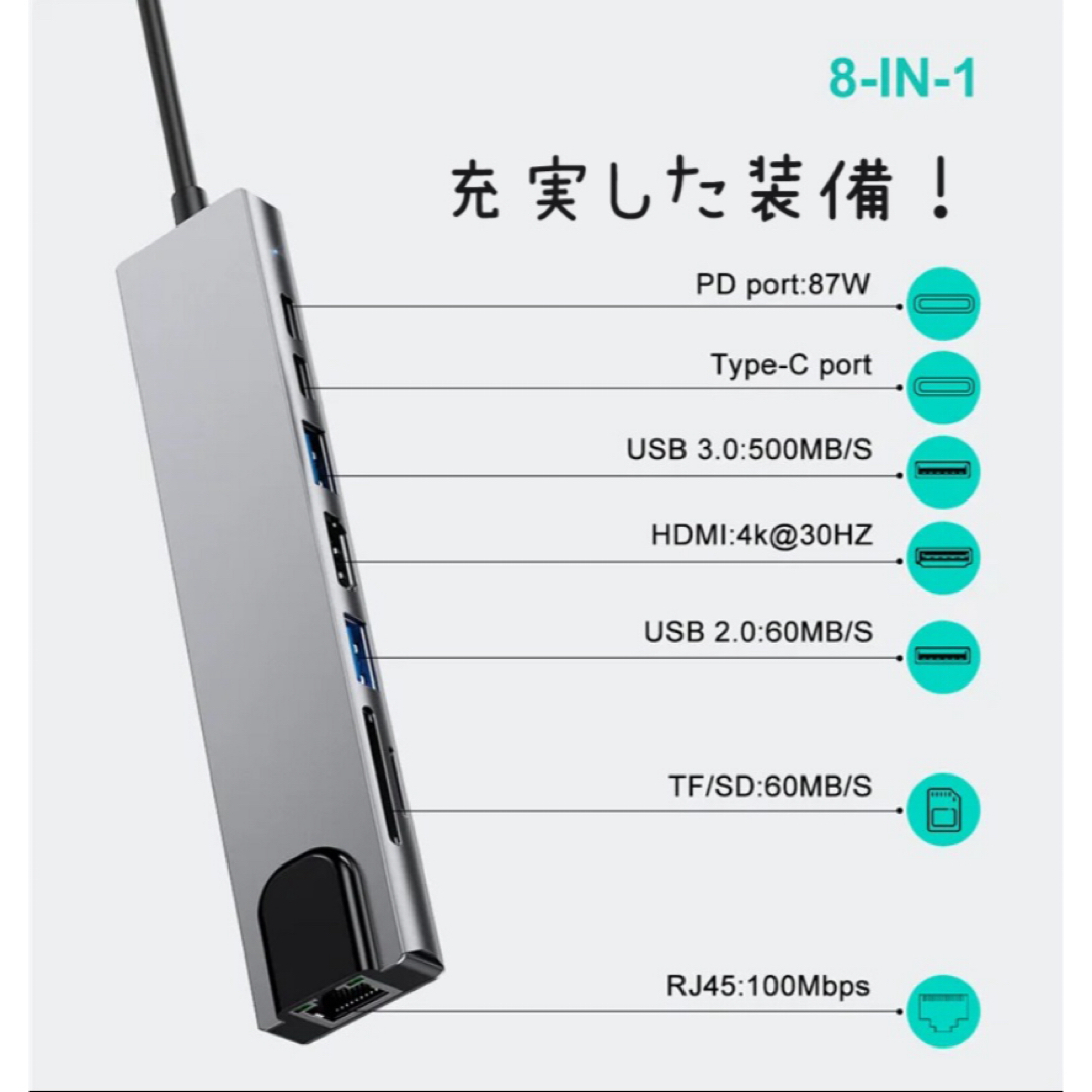 タイプc ハブ ドッキングステーション 8in1 変換アダプタ スマホ/家電/カメラのPC/タブレット(PC周辺機器)の商品写真