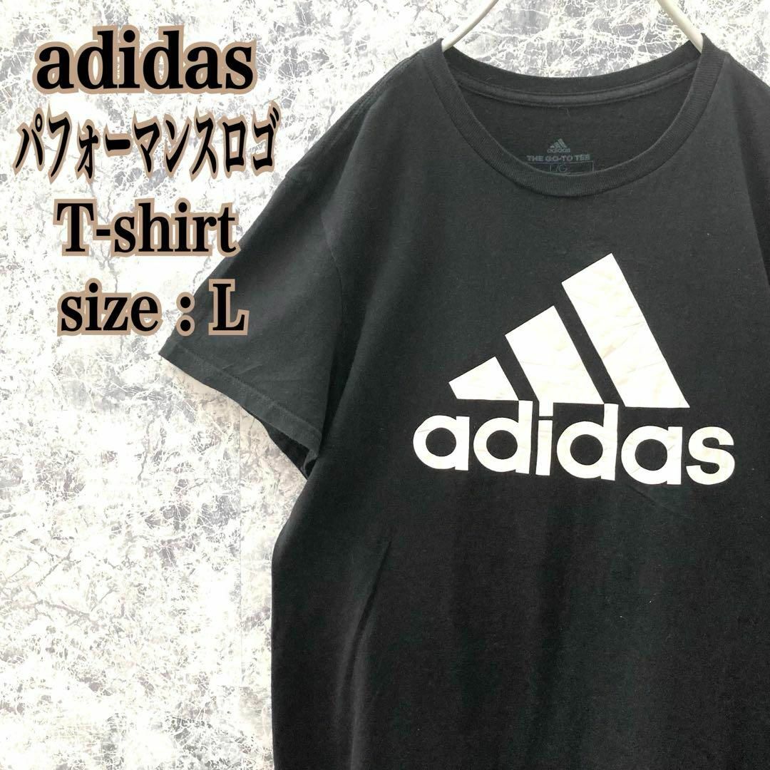 adidas(アディダス)のIT90 アディダス古着パフォーマンスデカプリントロゴ大人気ブラック半袖Tシャツ レディースのトップス(Tシャツ(半袖/袖なし))の商品写真