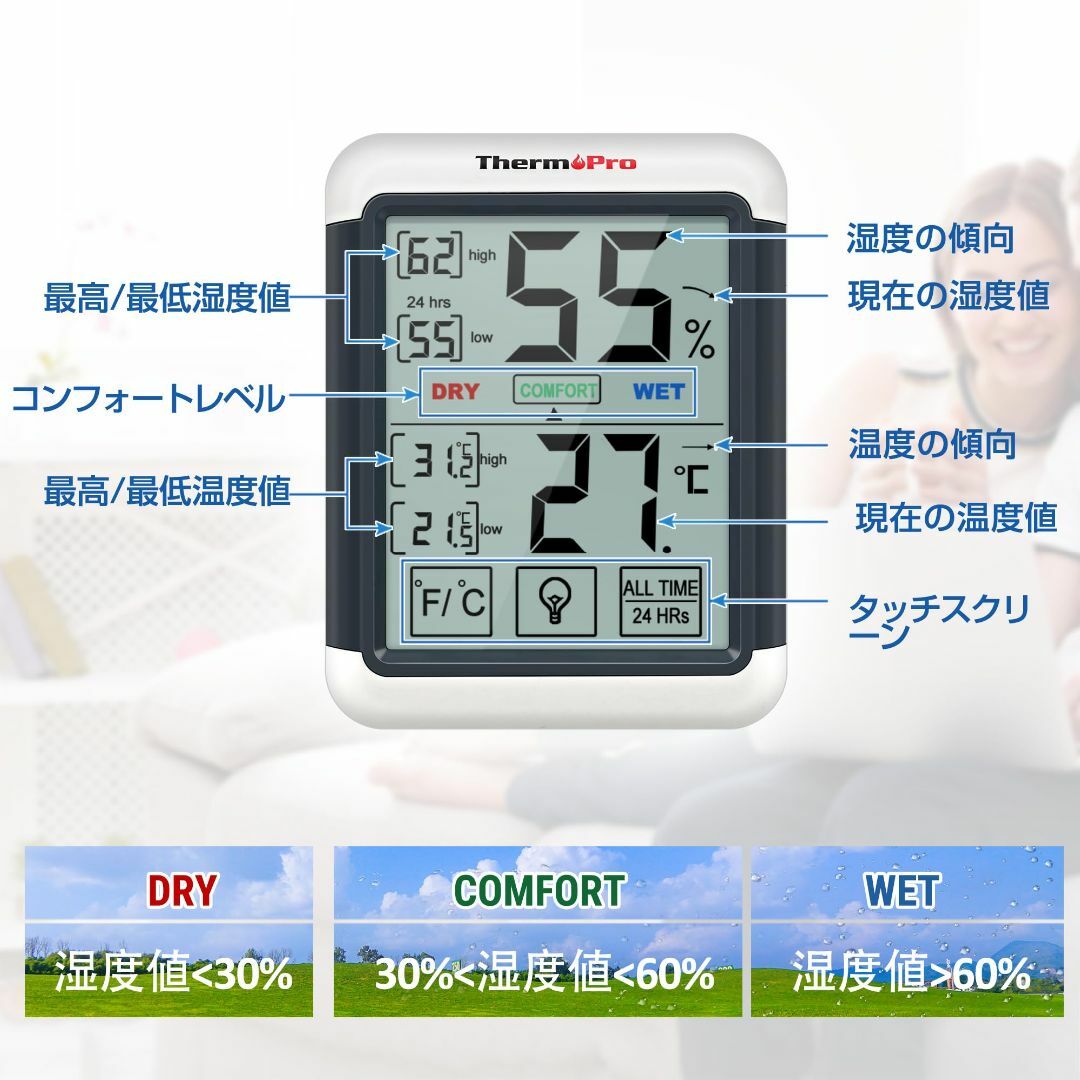 スタイル:屋内用温湿度計2個パックThermoProサーモプロ 湿度計デジタ インテリア/住まい/日用品のインテリア小物(その他)の商品写真