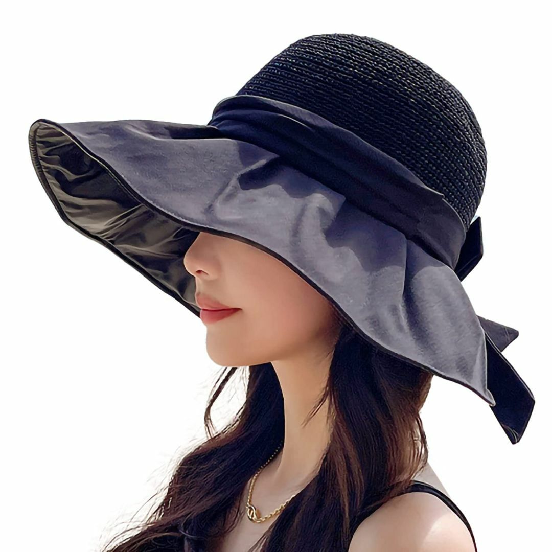 【色: ブラック】[PULCREO] レディース 麦わら帽子 UVカット つば広 レディースのファッション小物(その他)の商品写真