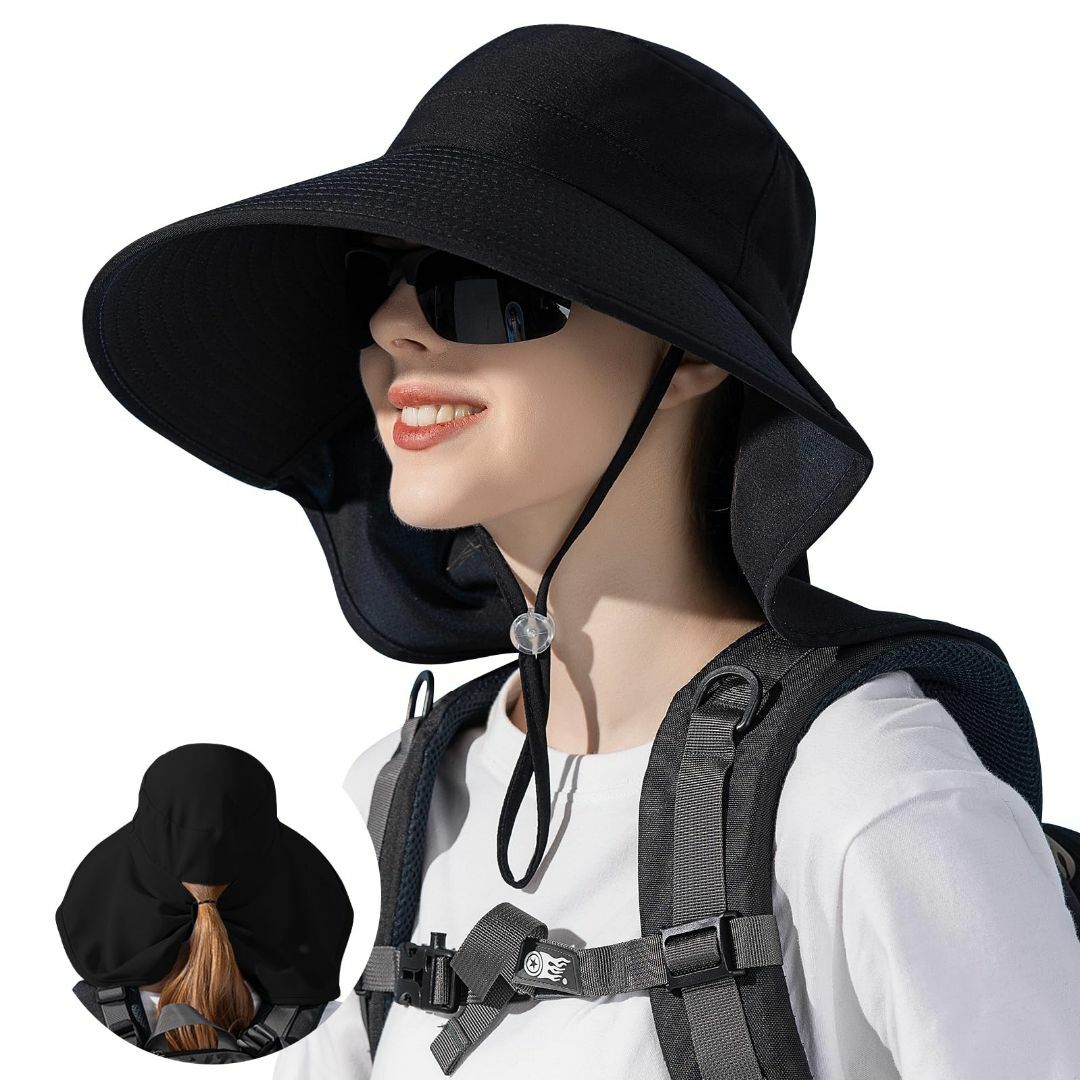 【色: ブラック】[MOWO] UVカット 帽子 レディース つば広 【首筋まで レディースのファッション小物(その他)の商品写真