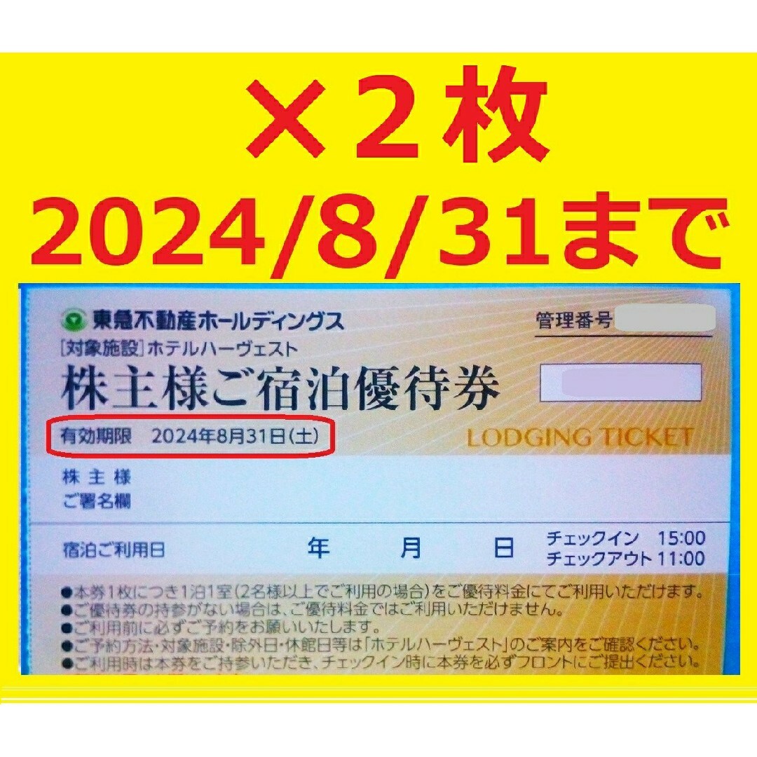 2枚セット8/31迄東急不動産株主優待ご宿泊優待券東急ハーヴェスト⑤ チケットの優待券/割引券(宿泊券)の商品写真