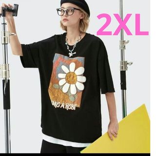 オーバーサイズ Tシャツ フラワー ブラック2XL　男女兼用  カジュアル(Tシャツ(半袖/袖なし))