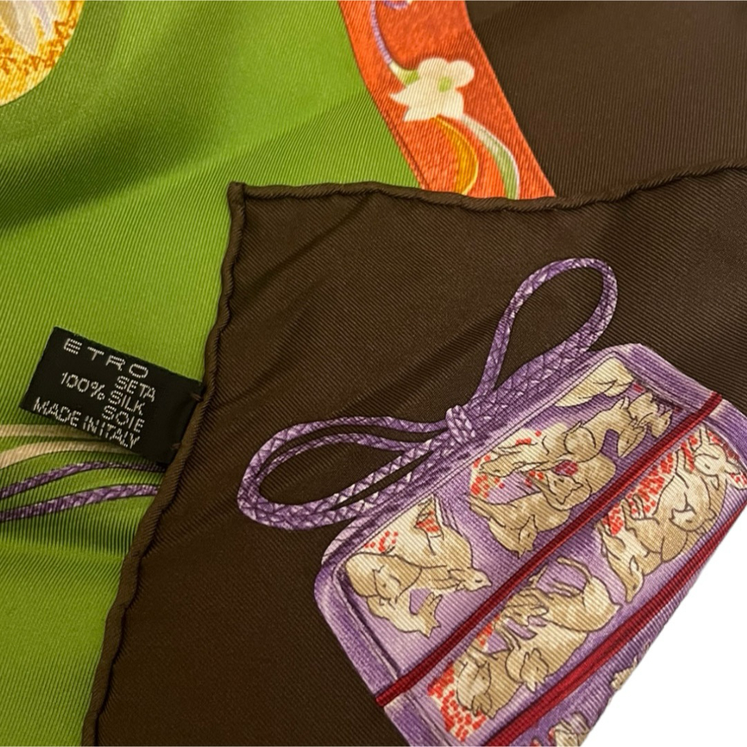 ETRO(エトロ)のETRO 大判スカーフ 肉厚 印籠 和柄 ブラウン グリーン イタリア製 レディースのファッション小物(バンダナ/スカーフ)の商品写真