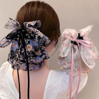 72【新品】韓国アクセサリーヘアクリップリボン花柄ピンクオルチャンシフォン(バレッタ/ヘアクリップ)