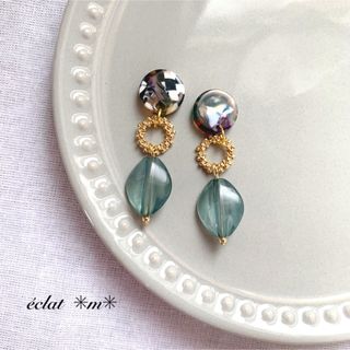 モダンMIXラウンド×デザインリング×アクアグリーン　ピアス(ピアス)