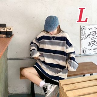 【L】 ロングシャツ Ｔシャツ オーバーサイズ  長袖  体型カバー 夏秋 韓国(Tシャツ(長袖/七分))