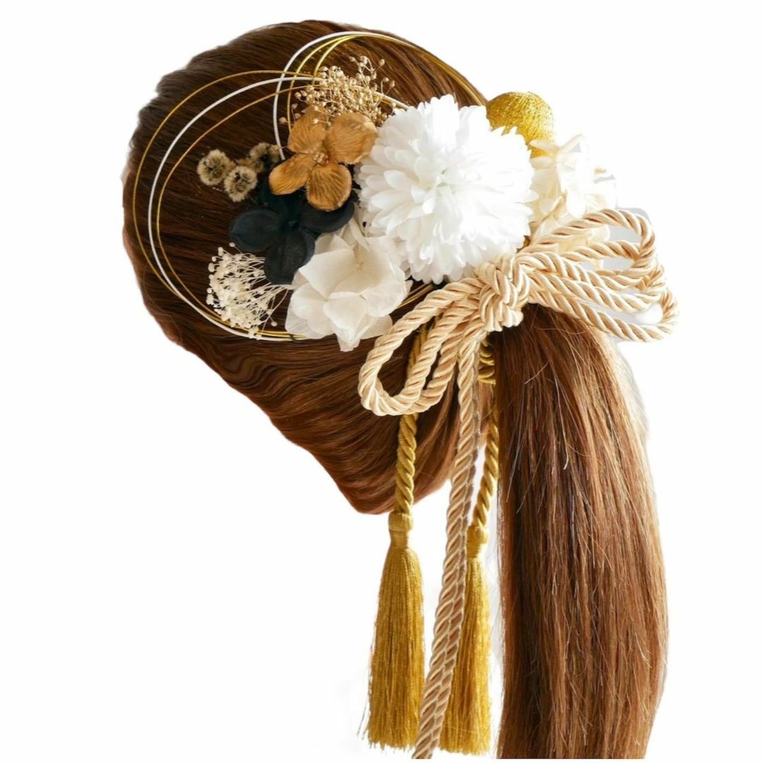 【色: 白×ゴールド】[Lomeri ロメリ] 組紐とオーガンジーリボンの髪飾り レディースのファッション小物(その他)の商品写真