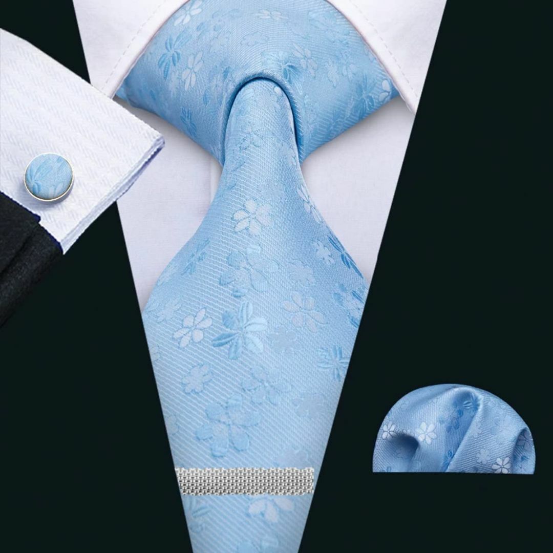ネクタイ 4点セット ポケットチーフ カフスボタン タイピン 水色 小柄 花柄 メンズのアクセサリー(その他)の商品写真