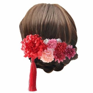 【色: レッド】髪飾り 和装 9点セット 花 タッセル ヘアピン Uピン ヘアア(その他)