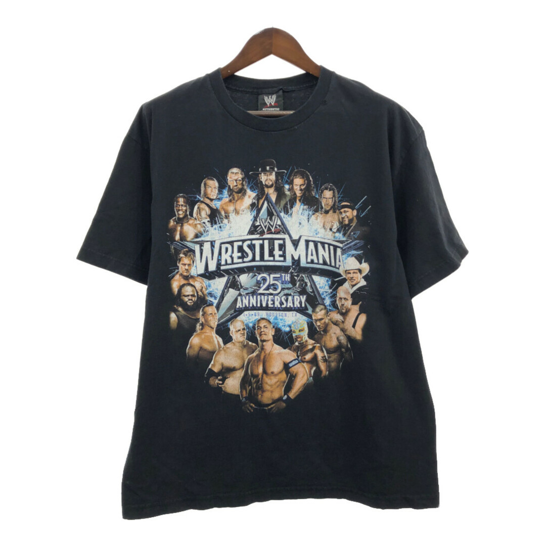 WWE WRESTLE MANIA 25th Anniversary 半袖Ｔシャツ プロレス ブラック (メンズ X-LARGE) 中古 古着 Q6451 メンズのトップス(Tシャツ/カットソー(半袖/袖なし))の商品写真