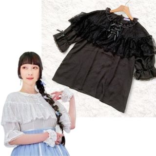 アクシーズファム(axes femme)のaxes femme kawaii フリル　ブラウス　レース　ゴスロリ　M 黒(シャツ/ブラウス(半袖/袖なし))