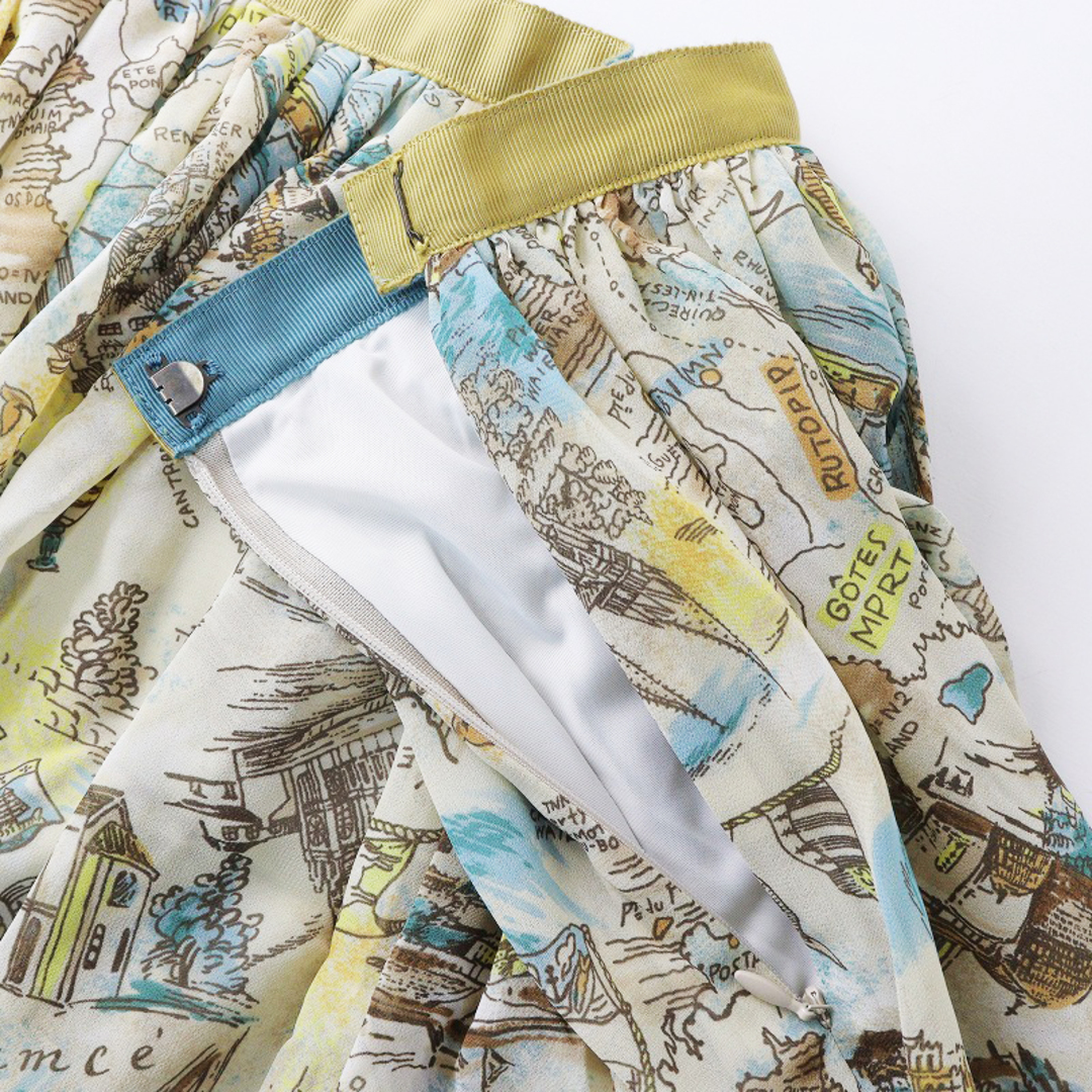 Lois CRAYON(ロイスクレヨン)のロイスクレヨン Lois CRAYON フウケイプリントスカート M/イエロー系 ギャザー フレア 風景【2400013860468】 レディースのスカート(ひざ丈スカート)の商品写真