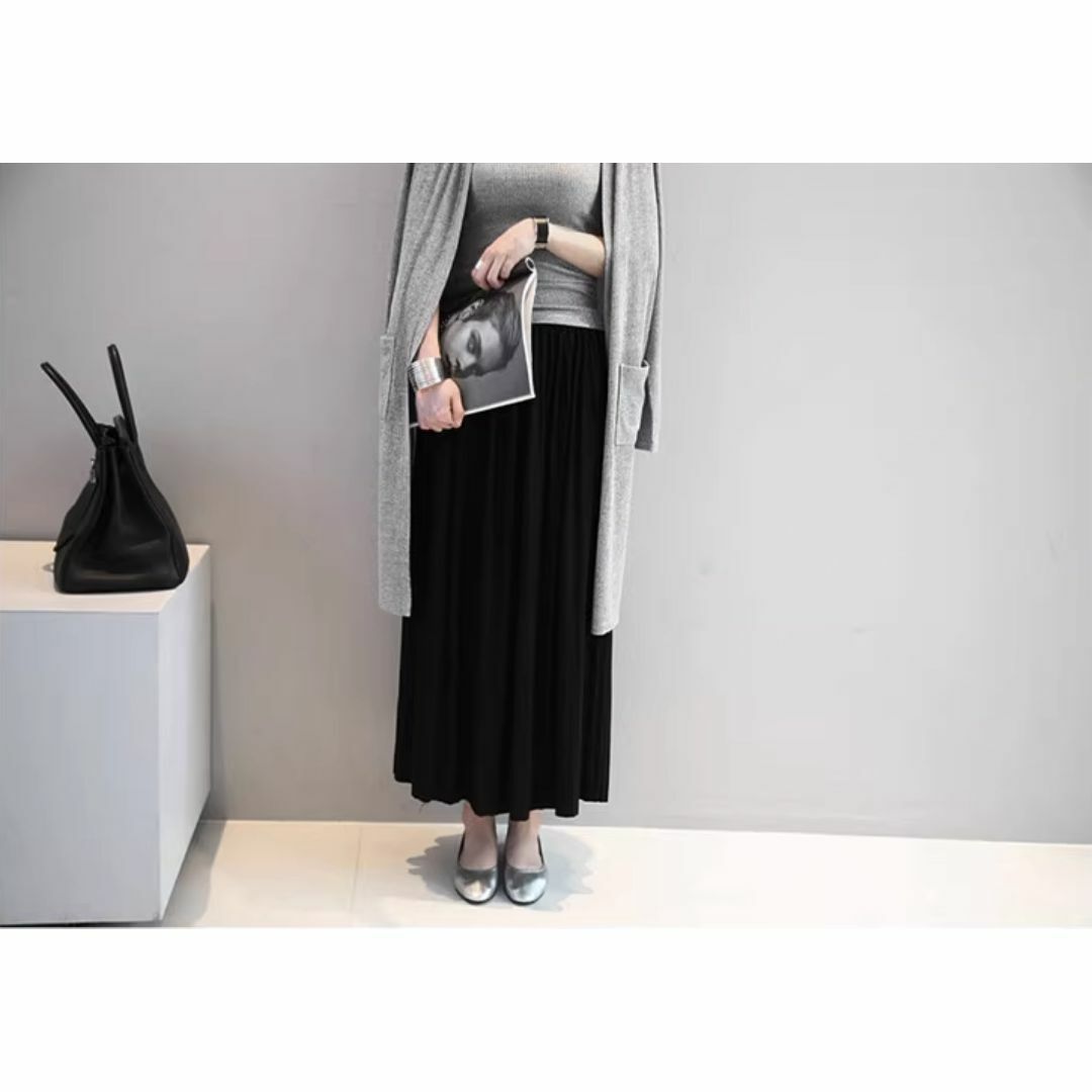 マキシ丈 プリーツスカート 美脚 体型カバー ロングスカート ブラック レディースのスカート(ロングスカート)の商品写真