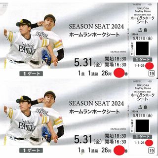 福岡ソフトバンクvs広島★5月31日★ホームランホークシート最前列(野球)