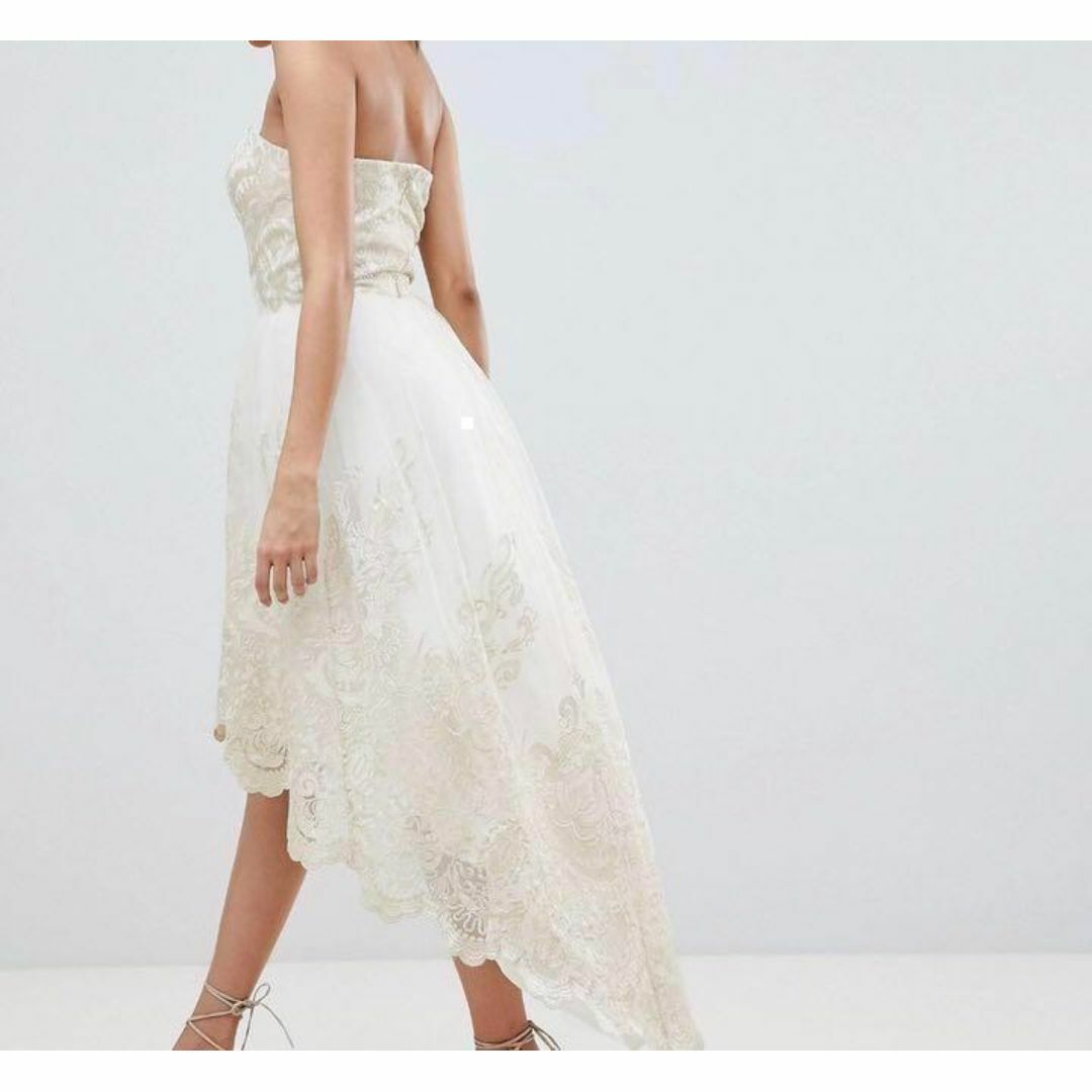 白×ゴールド ベアトップ レースドレス レディースのフォーマル/ドレス(ロングドレス)の商品写真