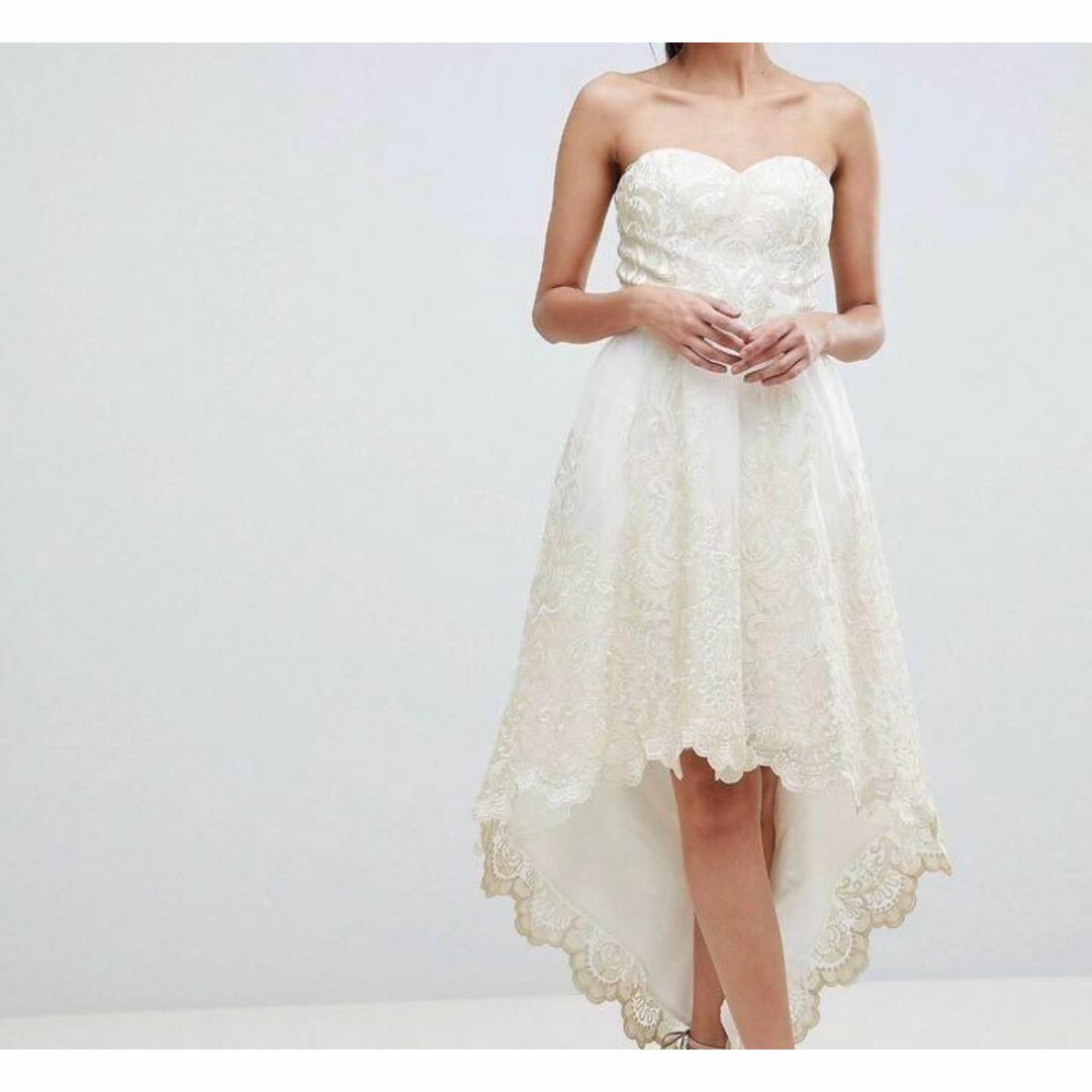 白×ゴールド ベアトップ レースドレス レディースのフォーマル/ドレス(ロングドレス)の商品写真