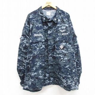 XL★古着 長袖 ミリタリー ジャケット メンズ 00年代 00s USN USネイビー デジタルカモ 大きいサイズ ロング丈 USA製 紺 ネイビー 迷彩 【spe】 24may13 中古 アウター フライト(ダッフルコート)