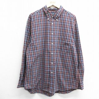 GAP - XL★古着 ギャップ GAP 長袖 ブランド シャツ メンズ 00年代 00s ロング丈 大きいサイズ コットン ボタンダウン 紺他 ネイビー チェック 24may13 中古 トップス