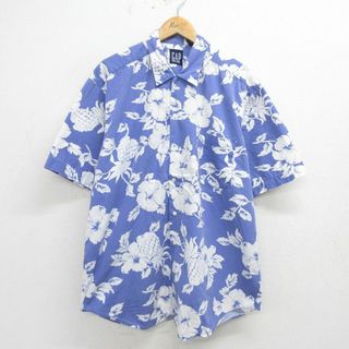 ギャップ(GAP)のXL★古着 ギャップ GAP 半袖 ハワイアン シャツ メンズ 90年代 90s ハイビスカス パイナップル 総柄 大きいサイズ ロング丈 コットン 薄紺他 ネイビー 【spe】 24may13 中古 アロハ トップス(シャツ)