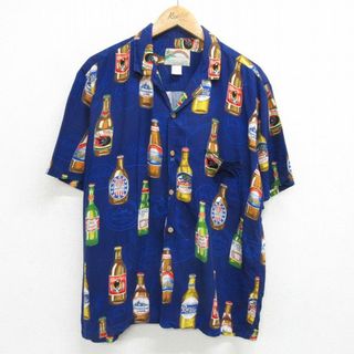 XL★古着 半袖 ハワイアン シャツ メンズ 90年代 90s ビール 総柄 開襟 オープンカラー ハワイ製 紺他 ネイビー 24may13 中古 アロハ トップス(シャツ)