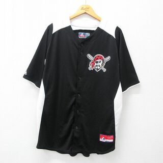 マジェスティック(Majestic)のXL★古着 マジェスティック 半袖 ベースボール シャツ メンズ MLB ピッツバーグパイレーツ ロング丈 黒他 ブラック メジャーリーグ 野球 24may13 中古 トップス(シャツ)