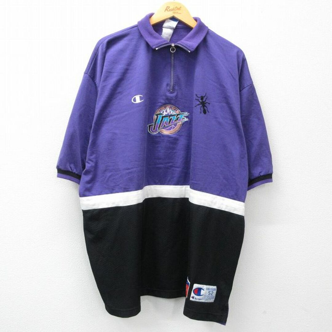 Champion(チャンピオン)のXL★古着 チャンピオン champion 半袖 ハーフジップ トップス メンズ 00年代 00s NBA ユタジャズ 大きいサイズ ロング丈 紫他 パープル バスケットボール 【spe】 24may13 中古 メンズのトップス(シャツ)の商品写真